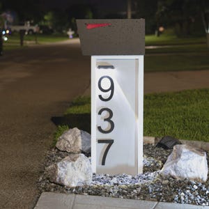 SLATE SLEEK Mailbox – Modern Tile Mailbox With Floating Numbers, Solar Lights, Concrete Look, Extra Large Mailbox, Curb Appeal Upgrade