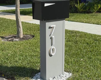 Modern Black Mailbox with Floating House Numbers – Custom Wood Base