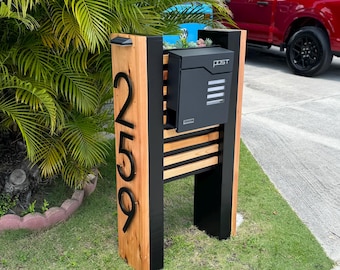 Modern Wood Mailbox with Planter – Custom House Numbers