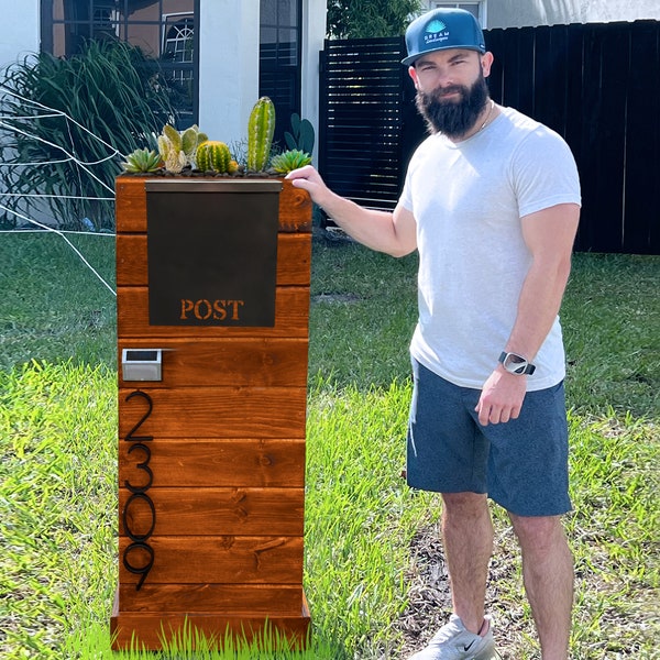 AGAVE LUXE Black Post Mailbox - Modern Mailbox With Succulent & Mailboxes Post Numbers, Custom Mailbox For Your Home Curb’s Appeal