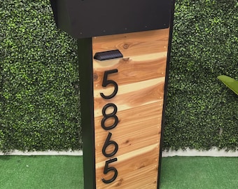 SOLARA SERENITY 2.0 Mailbox – Modern Cedar Mailbox With Post, Solar Light, Large House Numbers, Custom Mailbox, Outdoor Curb Appeal Upgrade
