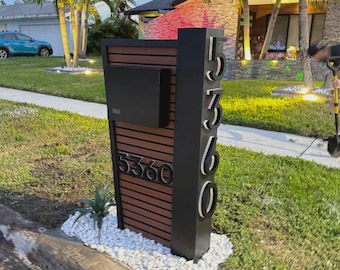 Modern LED Mailbox – Walnut Slat Design, Custom Address Sign