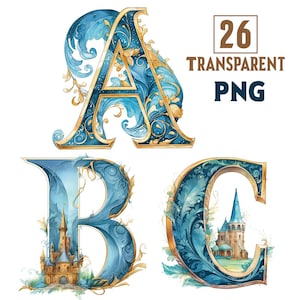 Paquete de letras iluminadas, clipart de tarjetas, clipart de letras florales del alfabeto inglés, descarga digital, 26 PNG