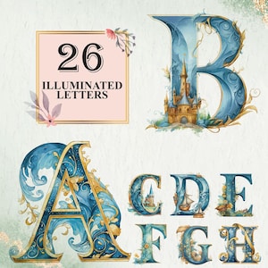 26 PNG Illuminated Letters Bundle Card Clipart, English Alphabet Floral Letters Clipart,Commercial Use, Digital Download