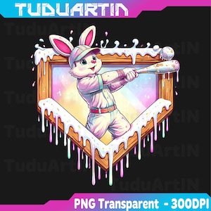 May include: A cartoon illustration of a bunny wearing a baseball uniform and hat, swinging a bat at a baseball. The bunny is inside a wooden frame with white icing dripping down. The background is a gradient of pink and blue.