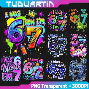 Könnte beinhalten: Eine digitale Sammlung von geburtstagsbezogenen Grafikdesigns mit dem Text I WAS 6 NOW I'M 7. Die Designs enthalten bunte Zahlen, Graffiti-Stile, Dinosaurier, Weltraummotive, Eiscreme und Party-Elemente auf einem schwarzen Hintergrund.