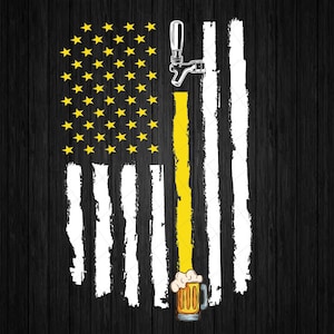 May include: An American flag design with yellow stars and white stripes, a yellow line, and a beer tap. A mug of beer is at the bottom. The image is on a black wood grain background.