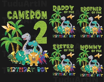 May include: A black background with dinosaur-themed birthday graphics. The design includes the name "CAMERON" with the number "2", and phrases like "DADDY OF THE BIRTHDAY BOY", "BROTHER OF THE BIRTHDAY BOY", "SISTER OF THE BIRTHDAY BOY", and "MOMMY OF THE BIRTHDAY BOY".