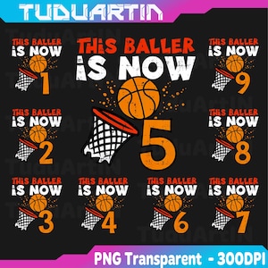 May include: A black graphic design featuring basketball-themed text and numbers. The phrase "This Baller Is Now" appears above each number, with a basketball and net graphic. Numbers 1 through 9 are displayed in orange.