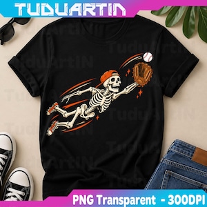 May include: A black short-sleeve t-shirt featuring a graphic of a skeleton wearing an orange baseball cap, diving to catch a baseball with a brown leather glove. The design includes orange motion lines and small star accents on the chest.