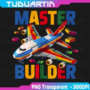 Puede incluir: Un modelo de avión colorido construido con ladrillos de juguete entrelazados. El avión presenta un diseño blanco, azul, amarillo y rojo, con las palabras "MASTER BUILDER" en letras grandes y coloridas arriba y abajo. Ladrillos de juguete adicionales están dispersos.