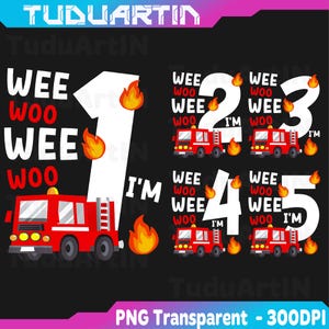 Può includere: Uno sfondo nero con i numeri bianchi 1, 2, 3, 4 e 5, ciascuno accompagnato da un'autopompa rossa e fiamme. È presente anche il testo "WEE WOO" e "I'M". L'immagine è etichettata "PNG Transparent - 300DPI".
