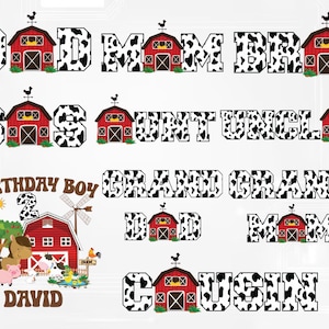 Personalized Name And Age Family Farm Birthday Bundle Png, Embroidered Farm Party Png, Animal Birthday Png ,Cow Birthday Png