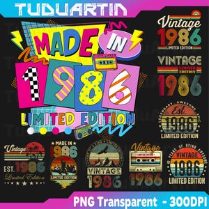 以下が含まれることがあります： カラフルな1986年ヴィンテージデザインのコレクション。デザインには、レトロなカセットテープとブームボックスとともに「Made in 1986 Limited Edition」の文字が含まれています。デザインはピンク、黄色、青などの明るい色です。