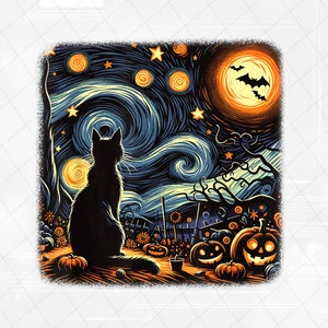 PNG SOMENTE Halloween Van Gogh Noite Estrelada Png, Gato Preto Abóboras Morcegos Png, Halloween Png, Download Digital