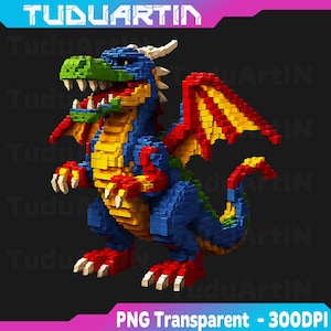 May include: A colorful dragon sculpture constructed from small, square blocks. The dragon features a green head, blue body, yellow belly, and red wings and feet. The image includes the text "TUDUARTIN" and "PNG Transparent - 300DPI".
