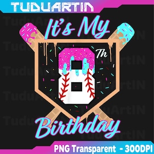 May include: A graphic design for an eighth birthday celebration. The design features a baseball-shaped number 8 with pink frosting and sprinkles, ice cream cones, and the text "It's My Birthday".