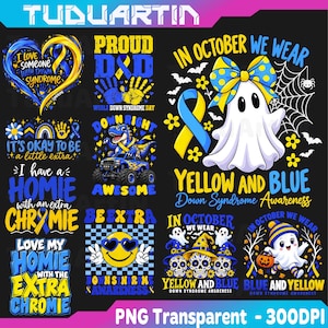 May include: A digital graphic collection featuring Down Syndrome awareness designs in yellow and blue. Elements include a heart-shaped ribbon, a ghost with a bow, a dinosaur in a monster truck, skulls in witch hats, and text like In October We Wear Yellow and Blue.