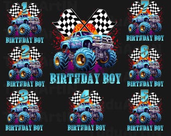 Bundle Birthday Monster Truck 1-7 year Old Boys Born 2018-2024 Png, Birthday Party Png, Monster Truck Png, Personalized Birthday Png