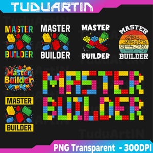 Puede incluir: Un fondo negro presenta las palabras "MASTER BUILDER" en varios diseños coloridos. Algunos diseños utilizan bloques de construcción para deletrear las palabras, mientras que otros presentan ilustraciones de bloques. El texto "TuduArtIN" está en la parte superior.