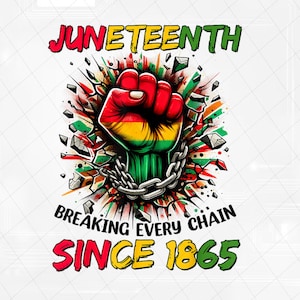 May include: A vibrant graphic design with a clenched fist in red, yellow, and green, breaking through a wall. The words "Juneteenth," "Breaking Every Chain," and "Since 1865" are displayed in bold, colourful fonts, celebrating freedom.