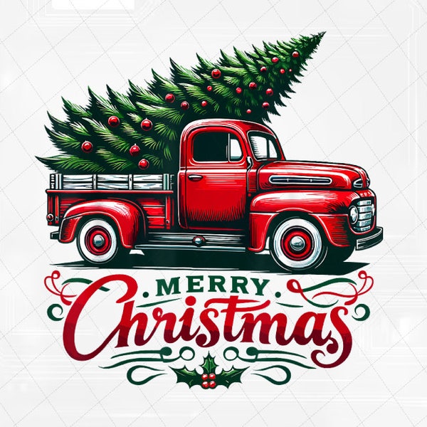 PNG ONLY Vintage Wagon Red Truck Christmas Tree Png, Merry Christmas Truck Png, Christmas Png, Digital Download