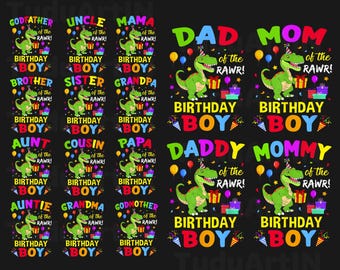 May include: A collection of colorful birthday-themed designs featuring a green dinosaur wearing a party hat. Text includes "Birthday Boy" and various family titles like "Dad", "Mom", "Grandpa", and "Aunt". The designs are set against a black background.