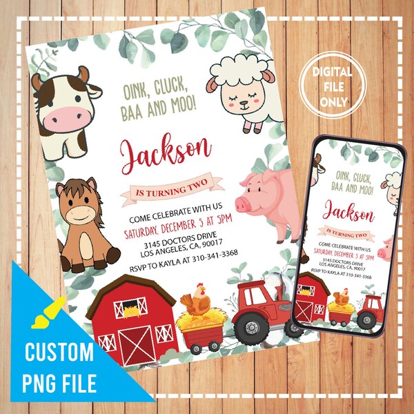 Personalized File Farm Birthday Invitation PNG File Only, Barn Animals Party Invite Png, Red Boy Barnyard Animals, Instant Download