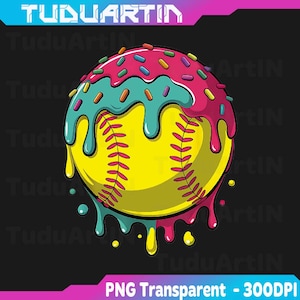 May include: A yellow softball with pink stitching, topped with pink and teal frosting and colorful sprinkles. The image has the text "TUDUARTIN" at the top and "PNG Transparent - 300DPI" at the bottom.