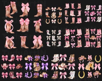 Bundle Coquette Aesthetic Pink Bow Cowgirl Boots Country Concert Png, Pink Coquette Bows Png, Western Cowgirl Boot Png, Coquette Cowgirl Png