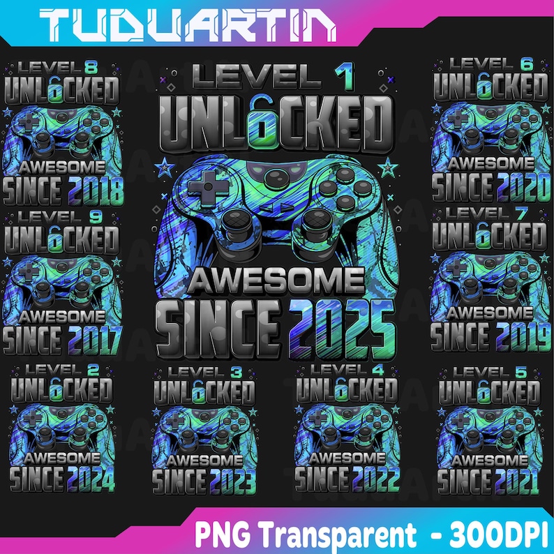 Pu&ograve; includere: Grafica digitale con un controller di gioco blu e verde e la scritta "AWESOME SINCE 2025". Controller pi&ugrave; piccoli con "UNLOCKED" e "AWESOME SINCE" e vari anni circondano l'immagine centrale. File PNG.
