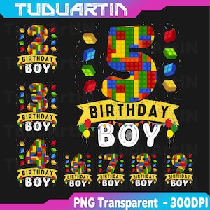 Könnte beinhalten: Eine Sammlung farbenfroher Geburtstagsdesigns mit den Zahlen 2 bis 9, die jeweils aus Blockgrafiken bestehen. Der Satz "BIRTHDAY BOY" ist in jedem Design enthalten, mit einem Banner und Luftballons.