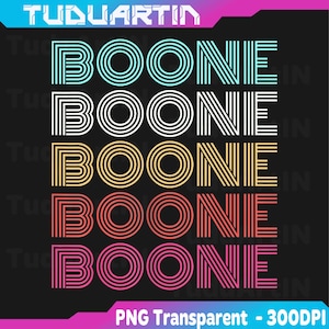 Könnte beinhalten: Grafikdesign mit dem Wort "BOONE", das fünfmal in verschiedenen Farben gestapelt ist: Türkis, Weiß, Gelb, Orange und Pink. Der Text ist im Retro-Stil gehalten, auf schwarzem Hintergrund. Oben steht der Text "TUDUARTIN".
