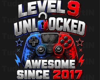 Könnte beinhalten: Ein Grafikdesign mit dem Text LEVEL 9 UNLOCKED AWESOME SINCE 2017 und einem zentralen Videospiel-Controller. Der Controller ist in blaue und rote Bereiche unterteilt, wobei ein Vorhängeschloss-Symbol den Buchstaben O in UNLOCKED ersetzt. Mit Sternen und Blitzen.