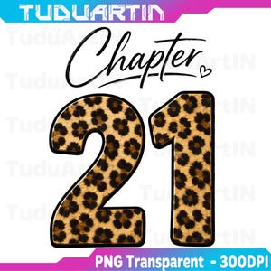 May include: A digital graphic design featuring the black text Chapter with a small heart symbol above the number 21. The number 21 is filled with a brown and black leopard print pattern and outlined in black, set against a white background.