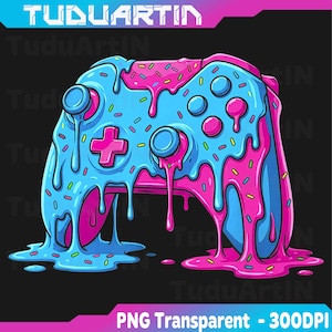 May include: A vibrant illustration of a video game controller, designed with a playful, dessert-like aesthetic. The controller is primarily blue and pink, with a dripping, icing-like effect and colorful sprinkles. The text "TUDUARTIN" and "PNG Transparent - 300DPI" are visible.