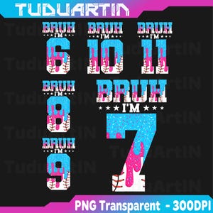 Puede incluir: Gr&aacute;fico digital con la palabra &laquo;BRUH&raquo; encima de los n&uacute;meros 6, 7, 8, 9, 10 y 11. Cada n&uacute;mero tiene un dise&ntilde;o de b&eacute;isbol con acentos azules y rosas, y el texto &laquo;I'M&raquo; con estrellas. El fondo es negro.