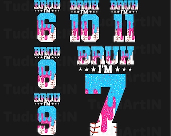May include: A digital graphic featuring the word "BRUH" above the numbers 6, 7, 8, 9, 10, and 11. Each number has a baseball design with blue and pink accents, and the text "I'M" with stars. The background is black.