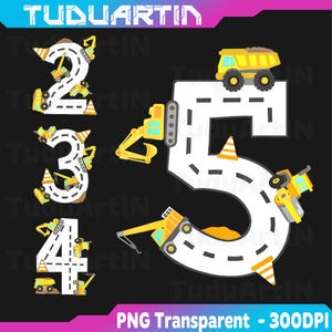 May include: A digital illustration featuring the numbers 2, 3, 4, and 5, each designed as a road with construction vehicles and traffic cones. The image has a black background with the text "TUDUARTIN" and "PNG Transparent - 300DPI".