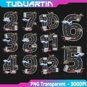 Puede incluir: Una colección de números del 2 al 12, cada uno diseñado como una carretera con un avión, un helicóptero y un avión de combate. Los números blancos están delineados en negro, sobre un fondo negro. La imagen incluye el texto "TUDUARTIN" y "PNG Transparent - 300DPI".