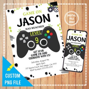 Invitación de videojuegos personalizada (archivo PNG), invitaciones de cumpleaños de videojuegos (PNG), descarga instantánea