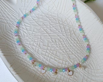 Pastel Beaded Heart & Pearl Charm Necklace: Handmade Gold Accent Jewelry