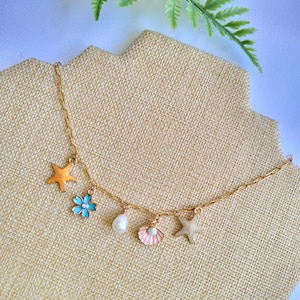 Multi color Charm Necklace with small Paperclip Chain Paperclip Chain, Statement Jewelry, gift for her, colorful charms, pearl, seashell