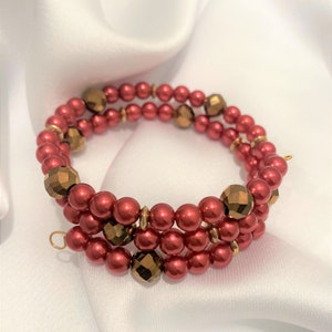 Red Beaded Spiral Bangle Bracelet: Golden Copper Accent