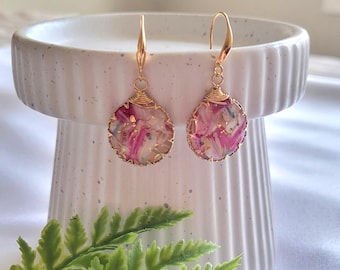 Floral Resin Drop Earrings: Handmade Gold Wire Real Flower Jewelry
