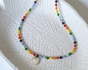 Rainbow Beaded Necklace: Pearl Heart Charm, Colorful Handmade Jewelry