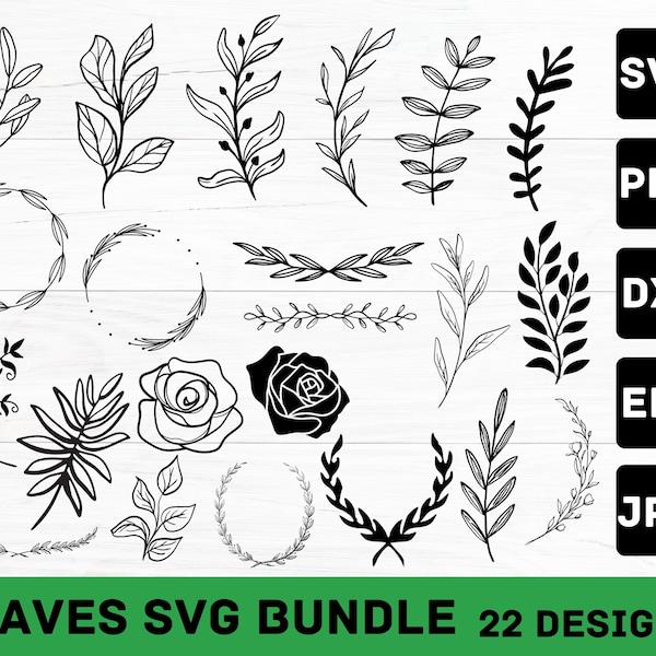 Leaves SVG Bundle, Hand Drawn Leaves SVG, Plant Svg, Paper Leaves, Leaf Templates, Wreath, Cut Files, Leaf Clipart, Cricut Silhouette SVG