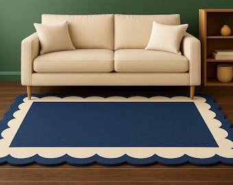 Handmade Navy Blue Scalloped Wool Rug: Modern Tufted Carpet