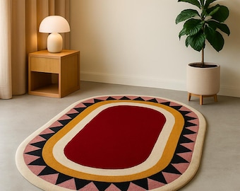 Geometrischer getufteter Teppich: Rot, Senf & Schwarz - Mid-Century Modern Style