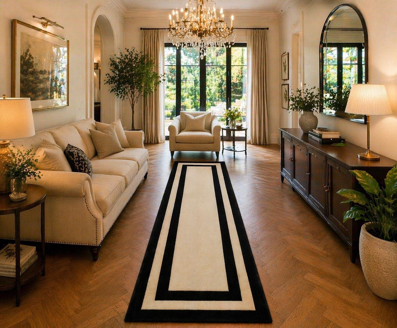 Cream Pattern Entry Rug Modern Cream Runner Rug With Black Border, Long Hallway Rug, Kitchen ...